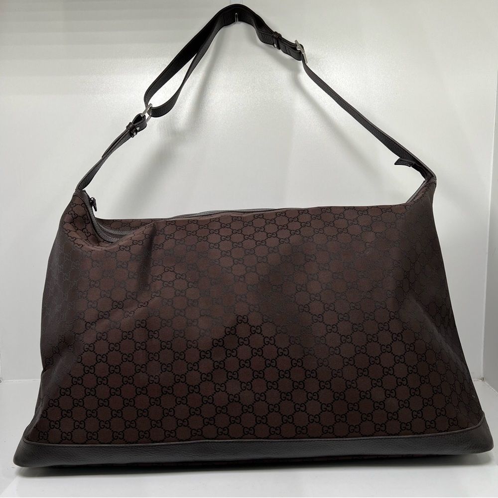 Gucci Monogram GG Nylon Boston Duffle Travel Bag Leather Brown 2Way105669 - Picture 1 of 15